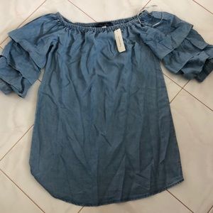 Chambray ruffled sleeve dress